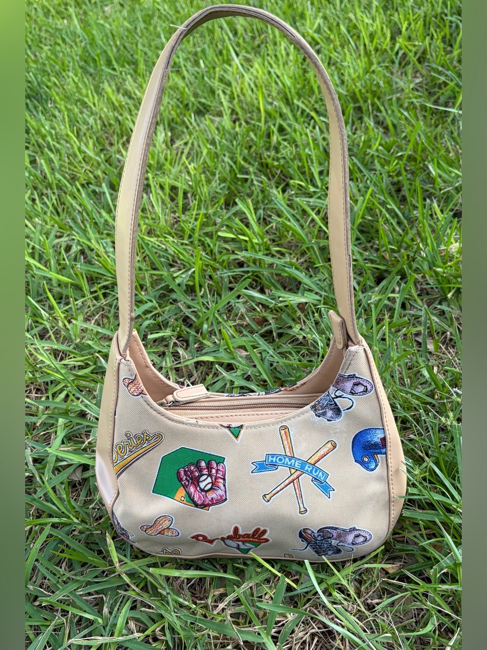 Beige Baseball-Print Shoulder Bag